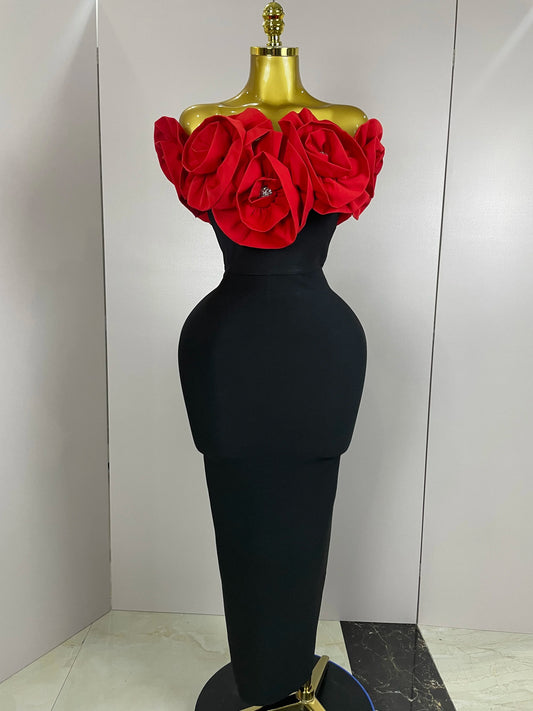 Robe Longue Fleur Élégance – Ornements 3D & Glamour Haute Couture